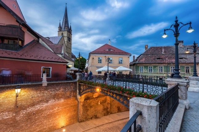 Liar's Bridge at sunset in Sibiu, Romania