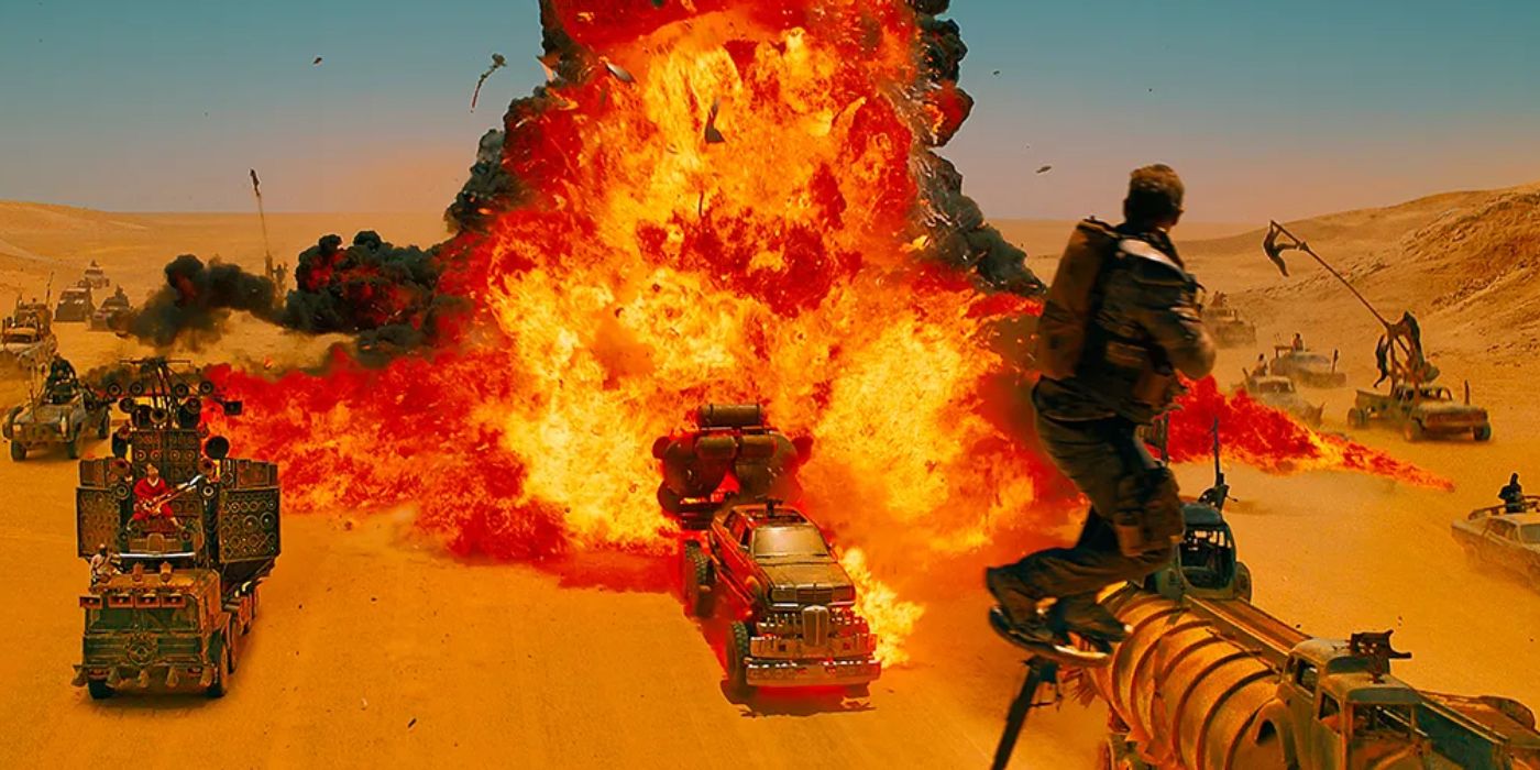 An exploding caravan in the desert in the movie Mad Maxy Fury Road