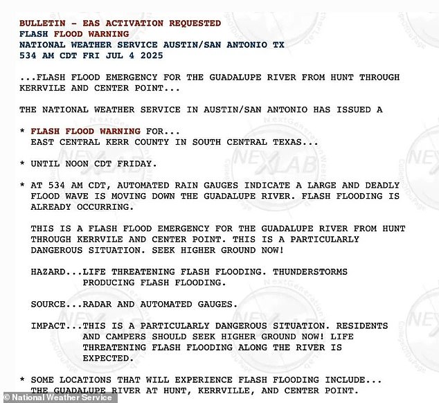 30 minutes after the AccuWeather alert was sent out, NWS Austin/San Antonio issued their own warning for Bandera and Kerr Counties at 1:14am CT, saying the area would see 'life-threatening flash flooding of creeks and streams, urban areas, highways, streets and underpasses'