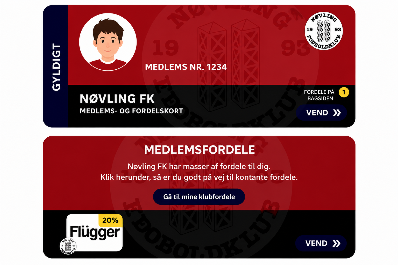 Fiktivt eksempel på digitalt medlems- og fordelskort for Nøvling FK