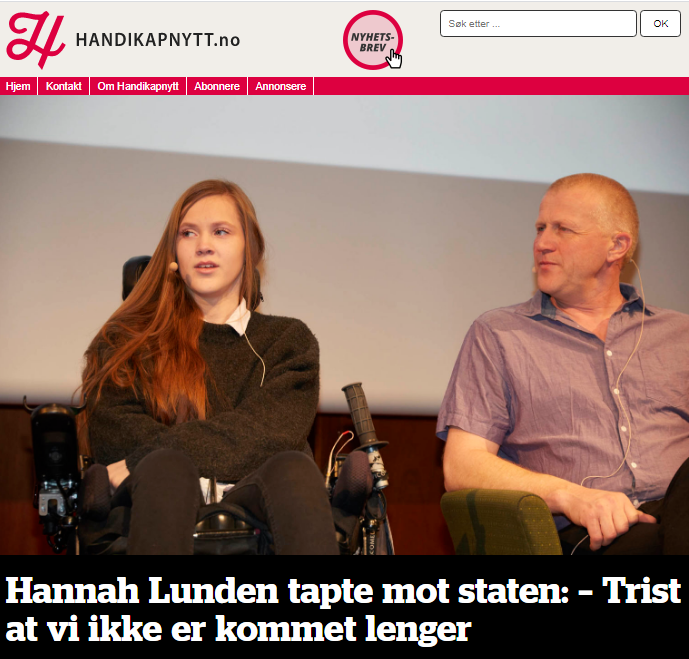 Faksimile fra Handikapnytt.no. Bilde av Hannah og faren med teksten Hannah Lunden tapte mot staten - trist at v iikke er kommet lenger.