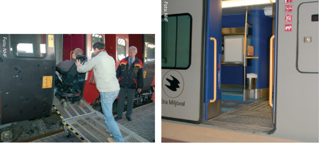 To bilder av ulike togdører. Den ene er universelt utformet, den andre tilgjengelig ved hjelp av en rampe som slås ut. 