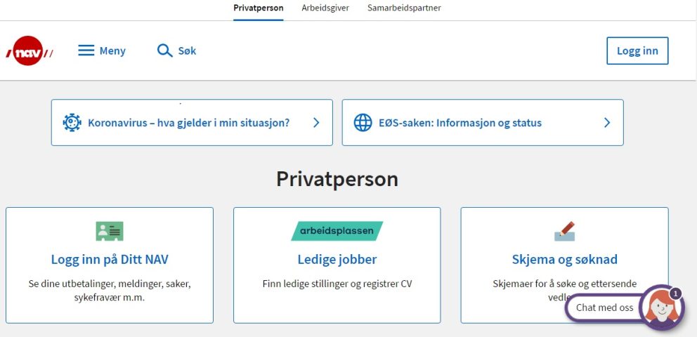 Skjermdump fra NAVs forside