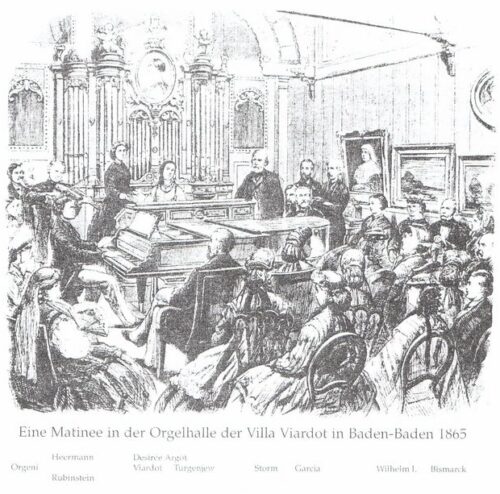 Concert in het operahuis van Pauline Viardot in Baden-Baden (houtsnede van Ludwig Pietsch, 1865).