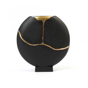 Arizona Black Aluminium Moon Vase on Base with Gold Lava Detail