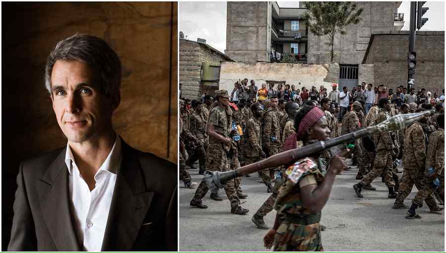 Links: Jonathan Holslag. Rechts: Gevangengenomen Ethiopische regeringssoldaten marcheren door Mekelle, de hoofdstad van de noordelijke regio Tigray in Ethiopië, op 2 juli 2021. Beeld Wouter Maeckelberghe / Finbarr O’Reilly / NYT