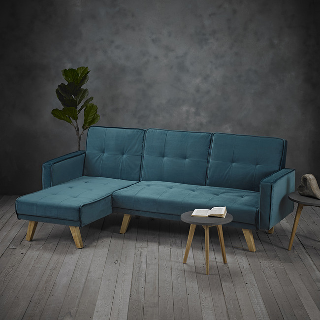 Kitson Teal Velvet Fabric Corner Sofa Bed - One Stop Furniture Shop