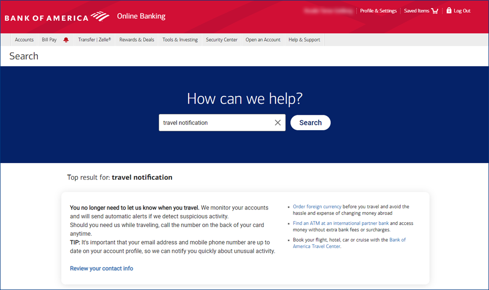 Finding the travel notice on your Bank of America app Option