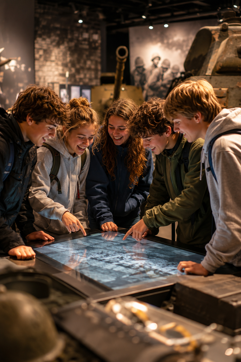 Adolescents participant au séjour Explo’Bastogne, entre visites historiques, mémoire de la Bataille des Ardennes, grands jeux et aventure en équipe à Bastogne.