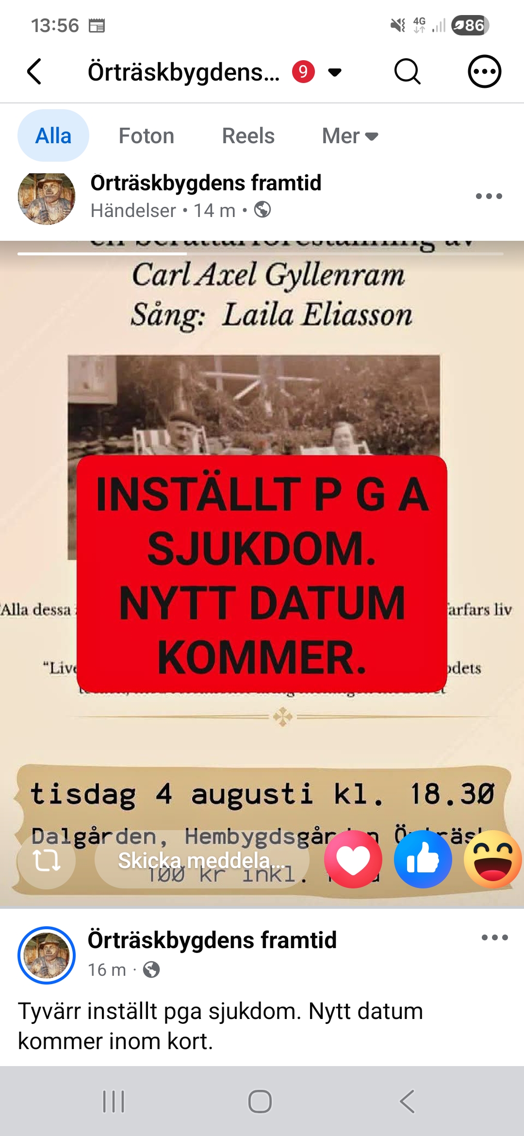 Inställd berättarkväll pga sjukdom