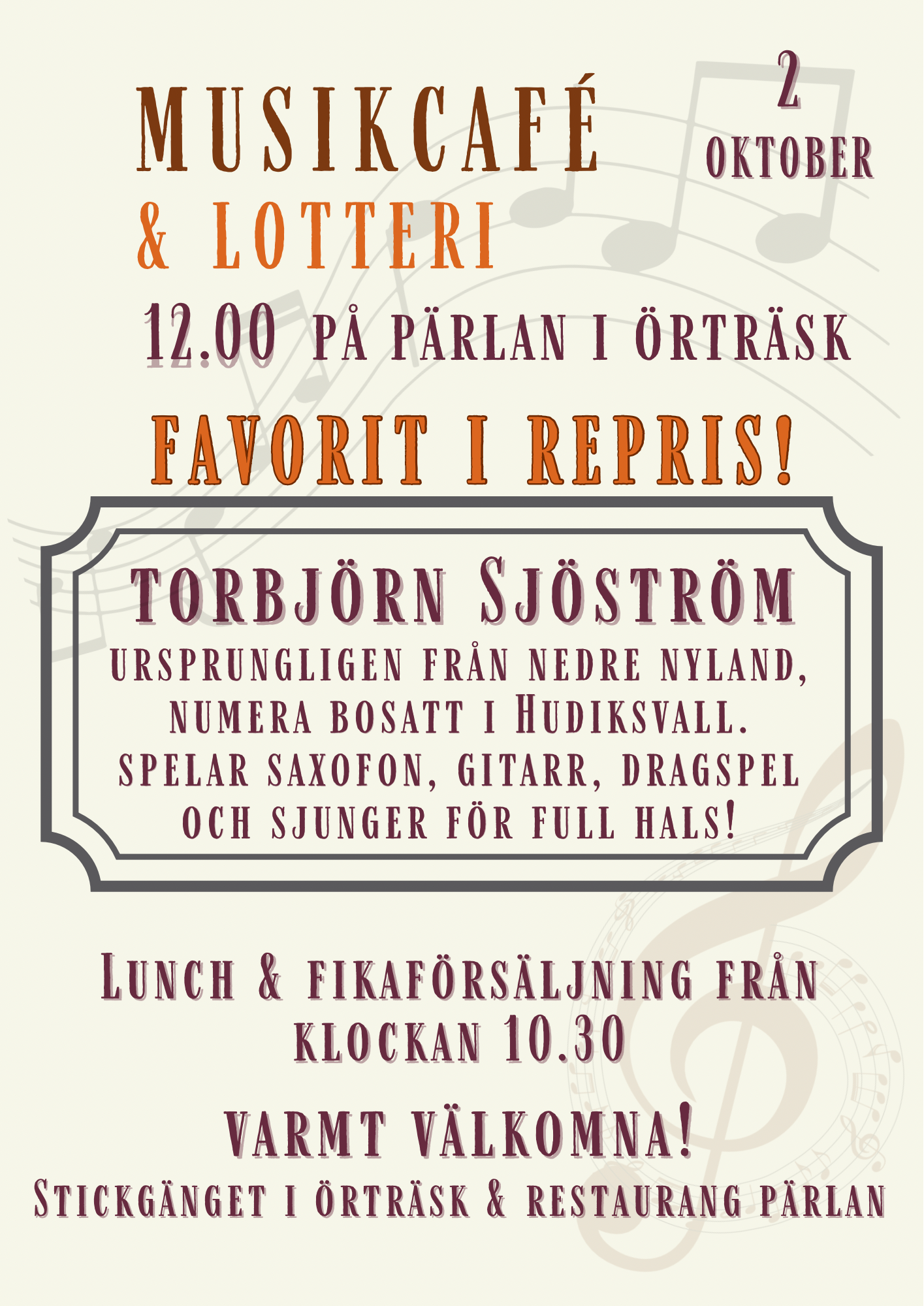 Musikcafé & Lotteri 2:a oktober – Pärlan
