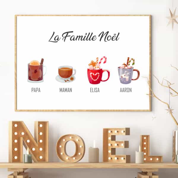 Affiche famille boissons chaudes. Affiche de Noël