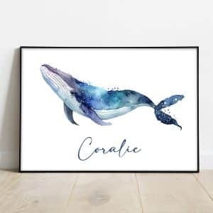 Affiche prénom baleine aquarelle