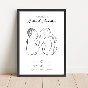 affiche naissance jumeaux dessin à la main