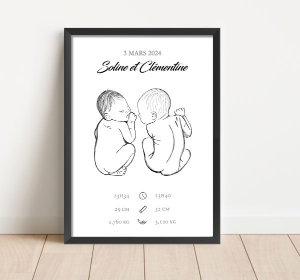 affiche naissance jumeaux dessin à la main