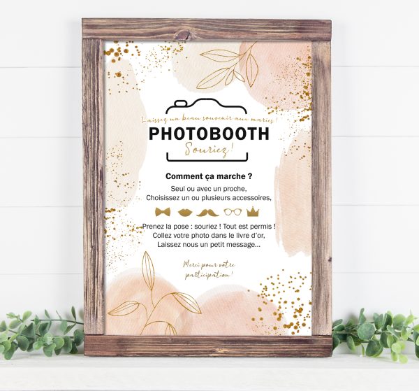 Affiche Photobooth Mariage rose et doré à imprimer