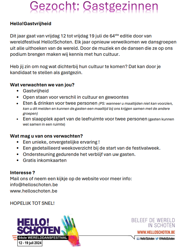 Oproep voor gastgezinnen van Hello! Schoten