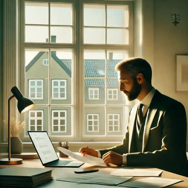 Dansk mand i 50’erne sidder i sit hjemmekontor og kigger alvorligt på dokumenter. Sollys falder ind gennem vinduet og lyser et stille boligkvarter op udenfor. Atmosfæren er rolig og alvorlig.