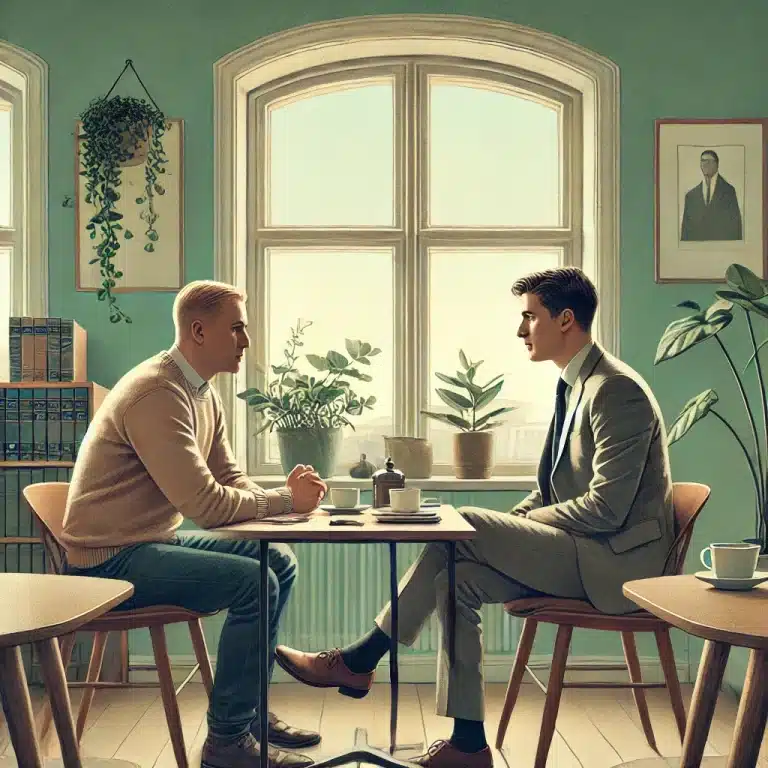 To danske mænd i samtale ved bord, spændt stemning mellem venner i virksomhed