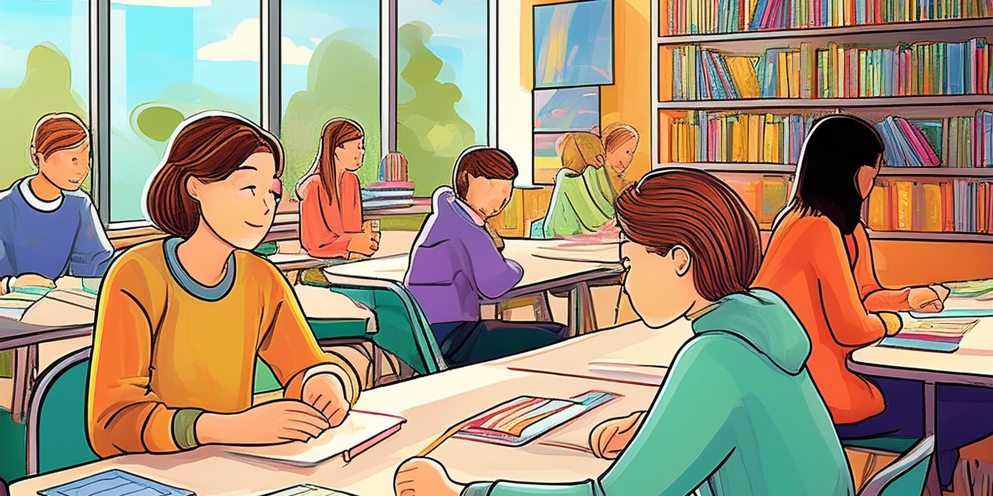 Firefly Un dessin de type bande dessinée ligne claire, des élèves dans une classe flexible en train