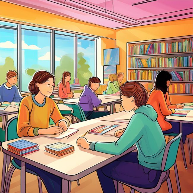 Firefly Un dessin de type bande dessinée ligne claire, des élèves dans une classe flexible en train