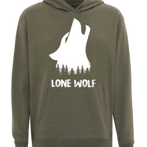 Lone Wolf - Armygrøn Hoodie i lækker økologisk bomuld.