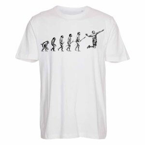 Super sjov håndbold T-shirt med illustration af menneskets evolution. Økologisk bomuld.