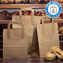 Printed paper carrier bags, available in Brown and White, 3 stock sizes in both colours.