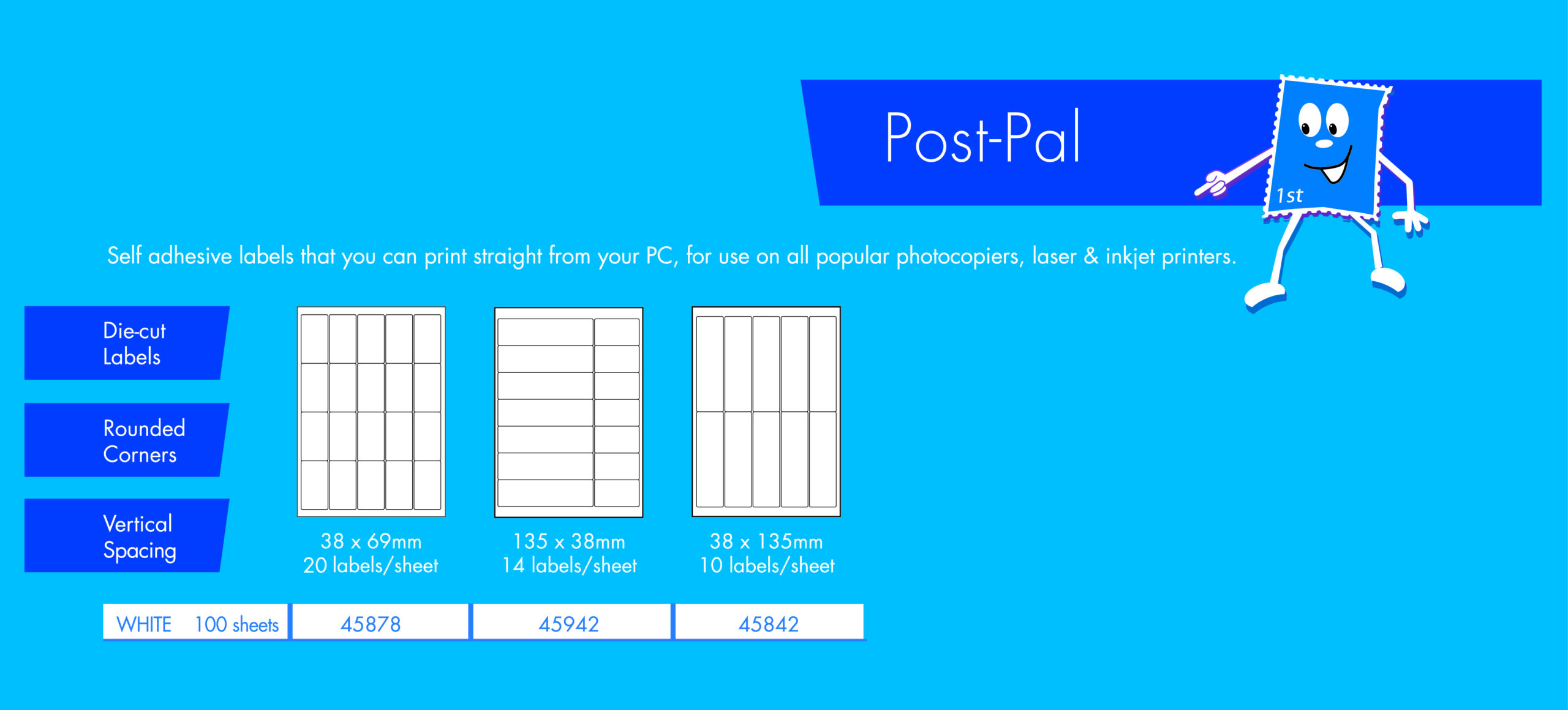 Post Pal labels, 3 stock sizes available including 4 stock sizes of franking labels