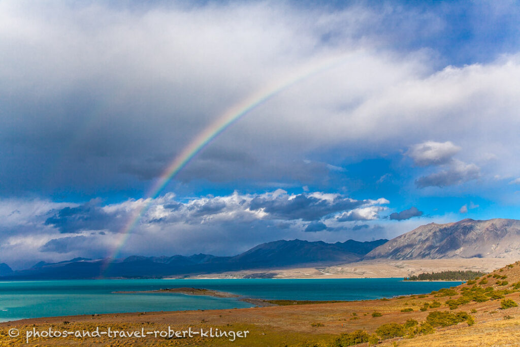 A rainbow over Lake Tekapo