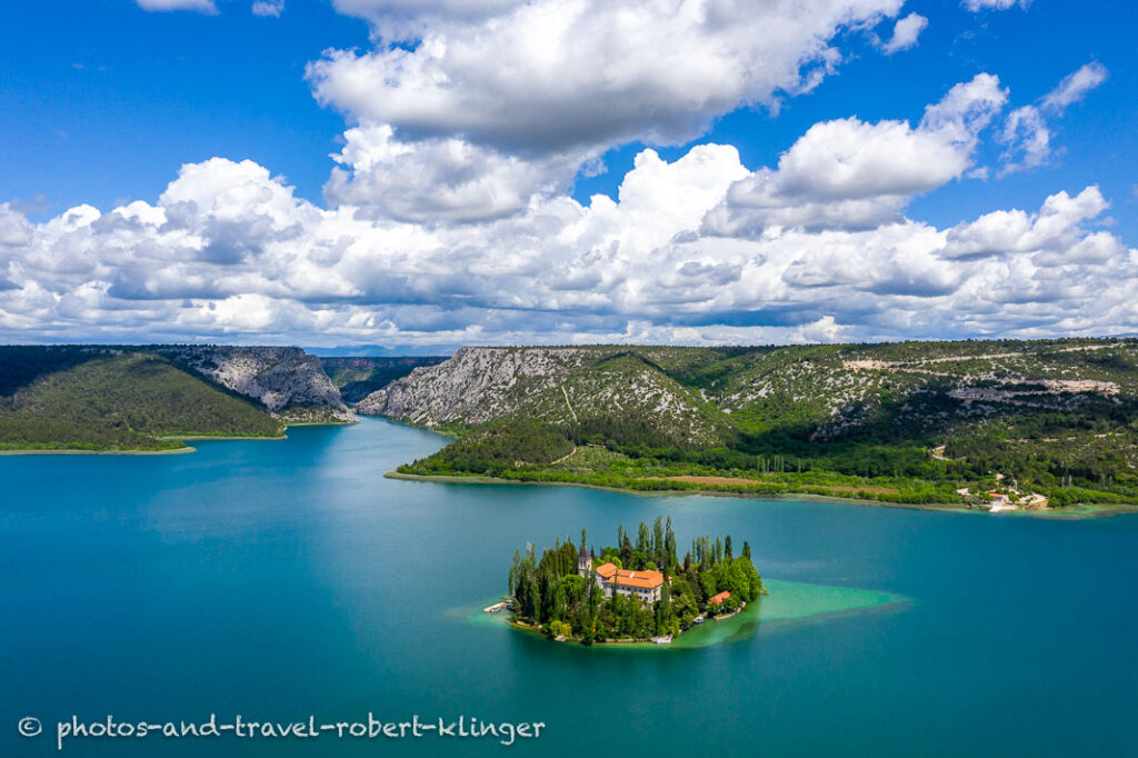 Aerial photo of Visovac Island in Krka Nationalpark