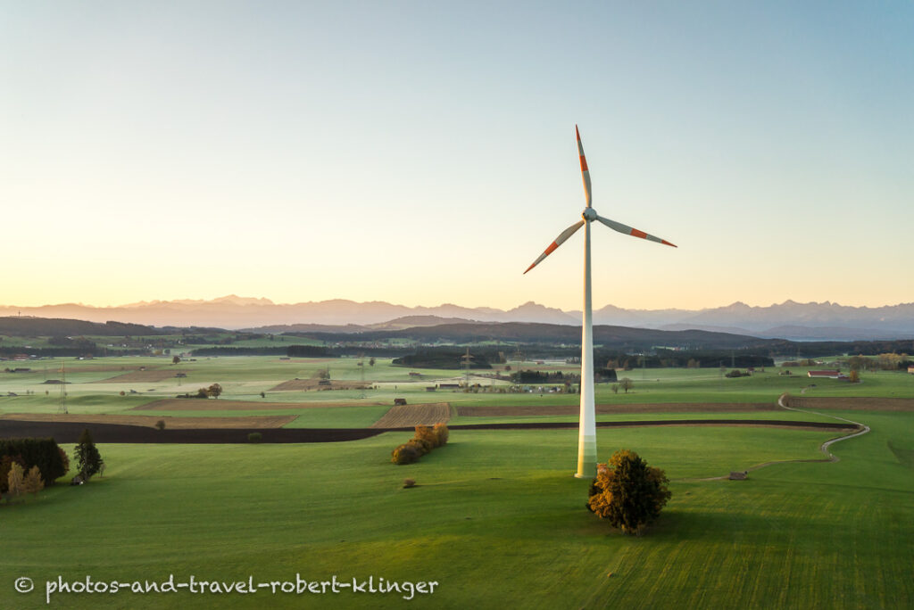 Drone photo of a windmill in southern Germany