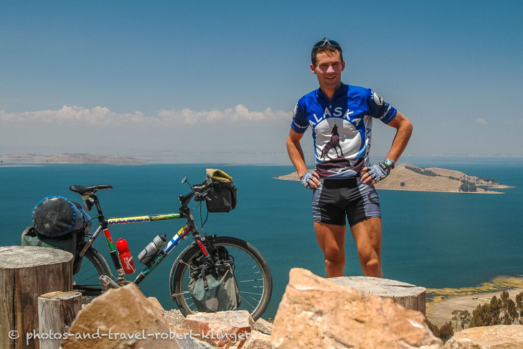 A cyclist at lake Titicaca in Bolivia