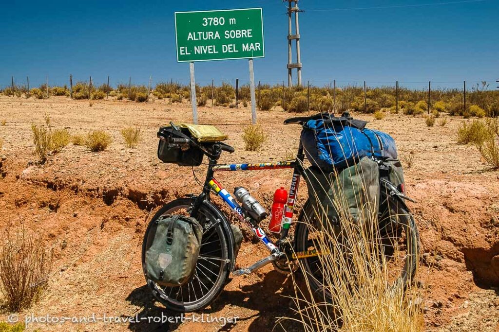 A heavily packed travel bike in Bolivia