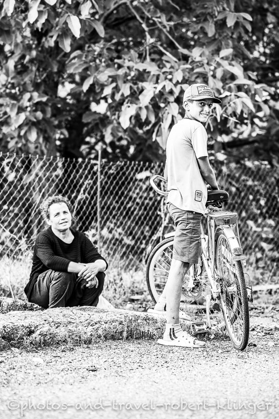 A boy and his mother in Albania, black and white photo