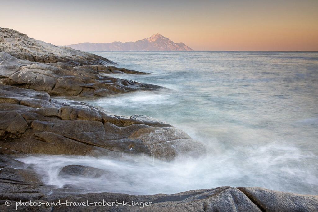 Long exposure photo of Mount Athos in Greece during sunrise