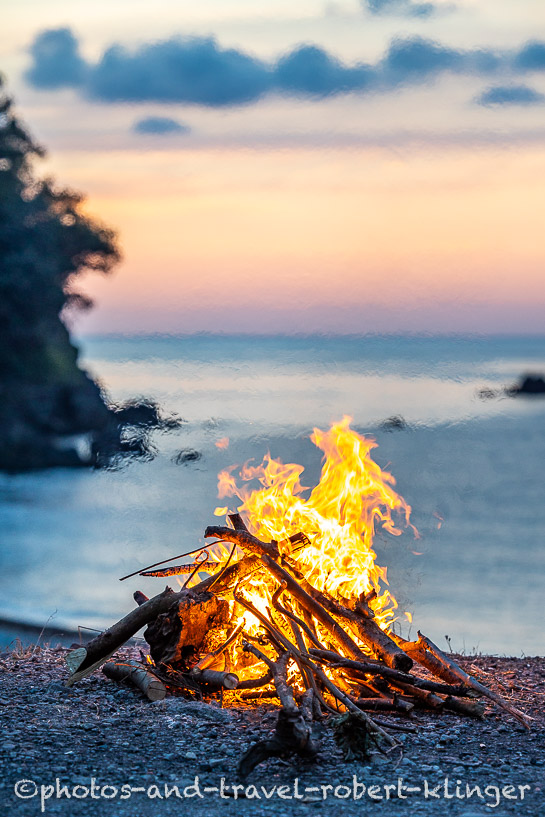 A campfire during sunset at the Black Sea in Turkey
