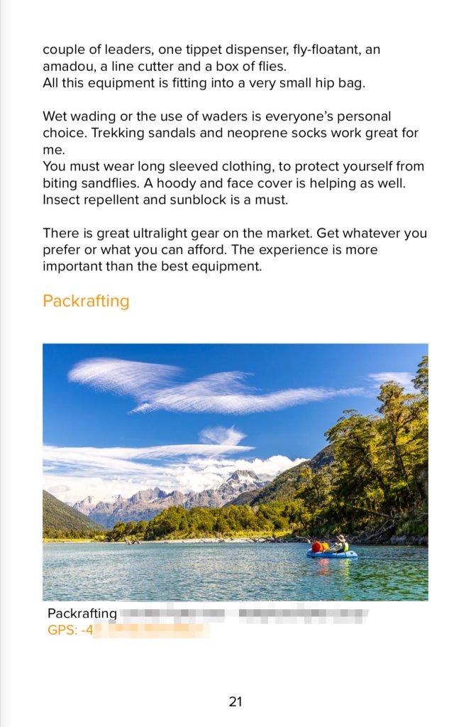 Example page of an ebook about flyfishing in New Zealand