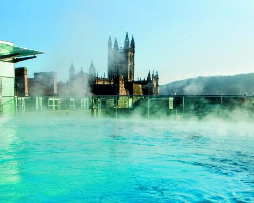 Bath Spa Steam rising off the rooftop pool at Thermae bath spa, Bath