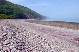 Porlock Beach A rocky beach stretches along the base of a green, sloping hillside, meeting the calm, hazy sea under a pale sky.| Porlock Beach
