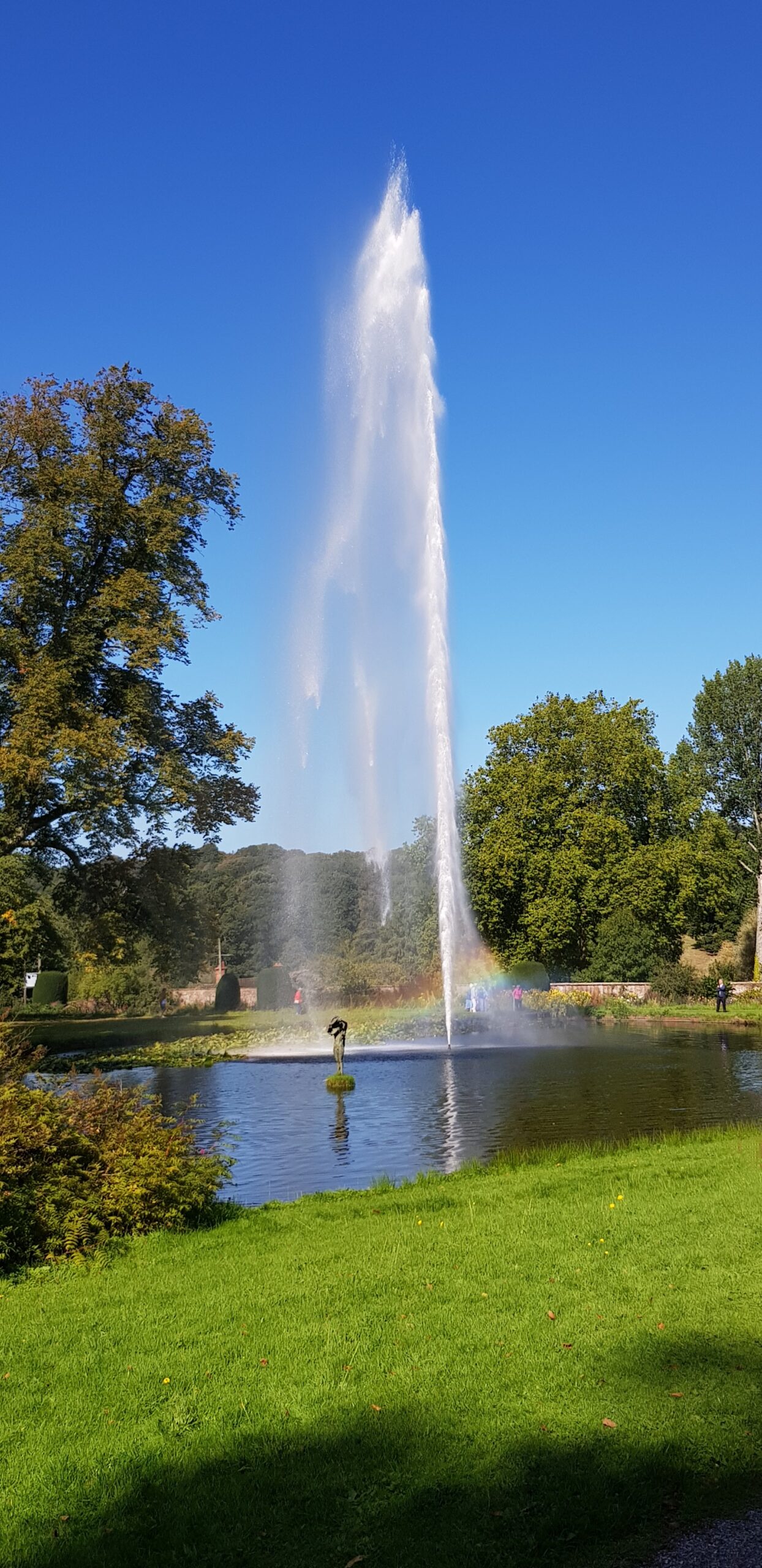 Forde Abbey Fountain A lake with a fountain towering high into the blue sky above the surrounding trees at Forde Abbey & Gardens
