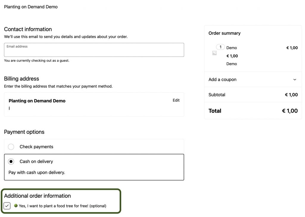 Planting on Demand Woocommerce plugin - example checkout