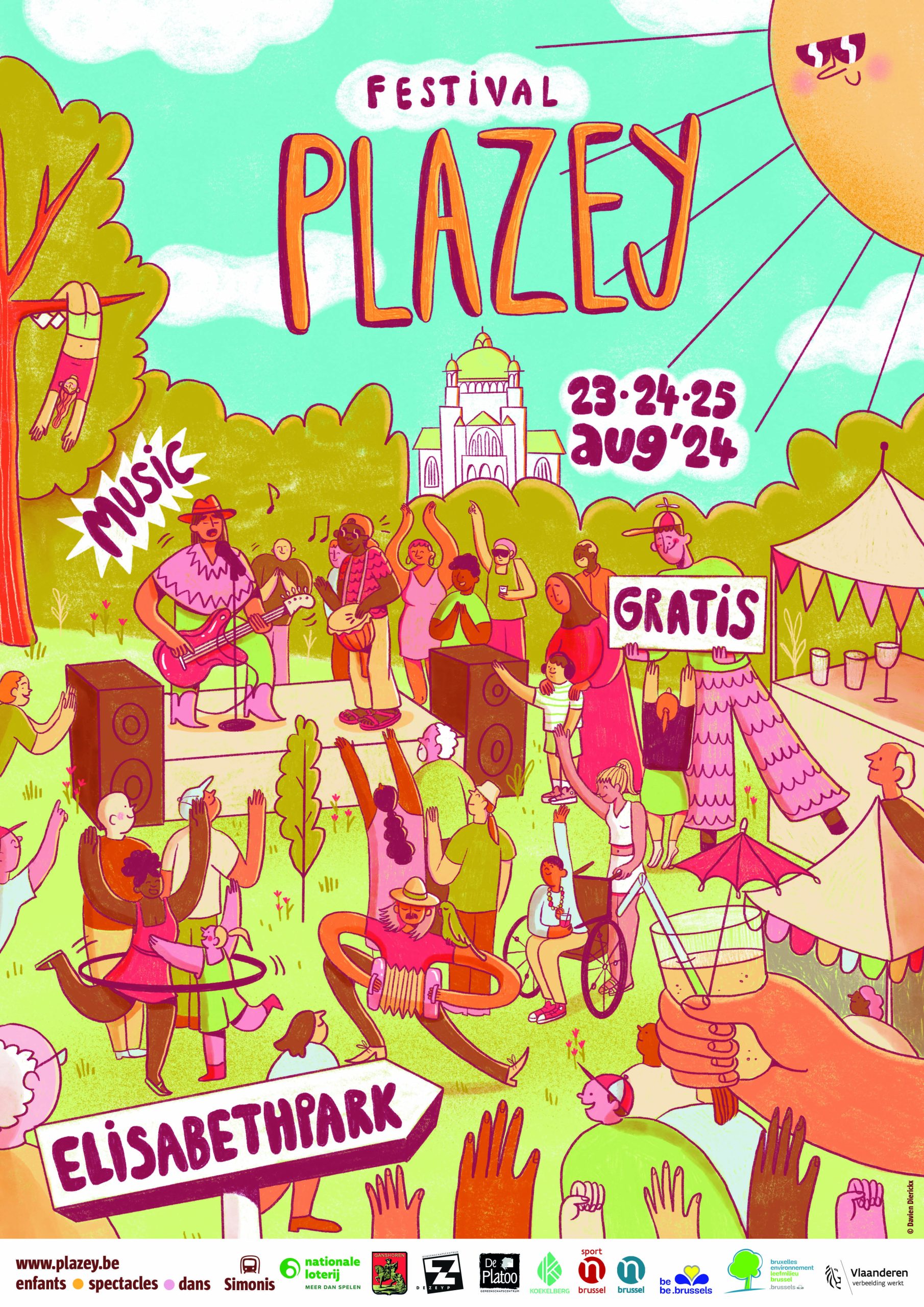 Plazey poster, save the date 23, 24, 25 augustus. Gratis stadsfestival met muziek, animaties, eten/drinken en ambiance.