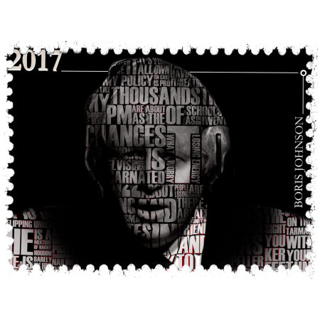 Politics Design stamp by Carlos Simpson featuring a stylized portrait of Boris Johnson constructed from typographic excerpts and political phrases. A monochrome visual commentary on language, leadership, and British politics.