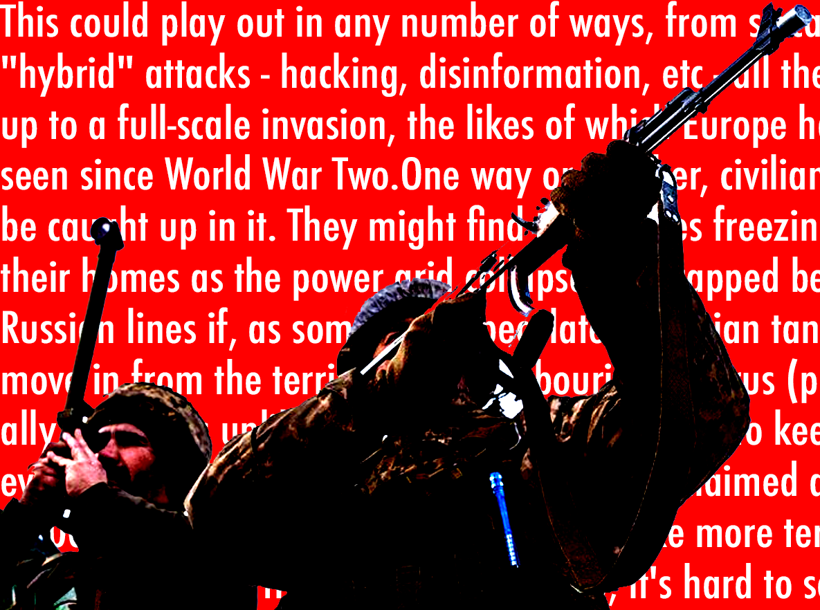 Ukrainian soldiers aiming rifles with red background text about war and disinformation – Political Design artwork by Carlos Simpson
