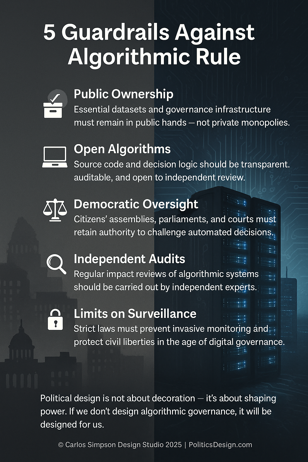 Infographic titled “5 Guardrails Against Algorithmic Rule,” lists five safeguards with icons, against a backdrop of fading parliaments and glowing servers.