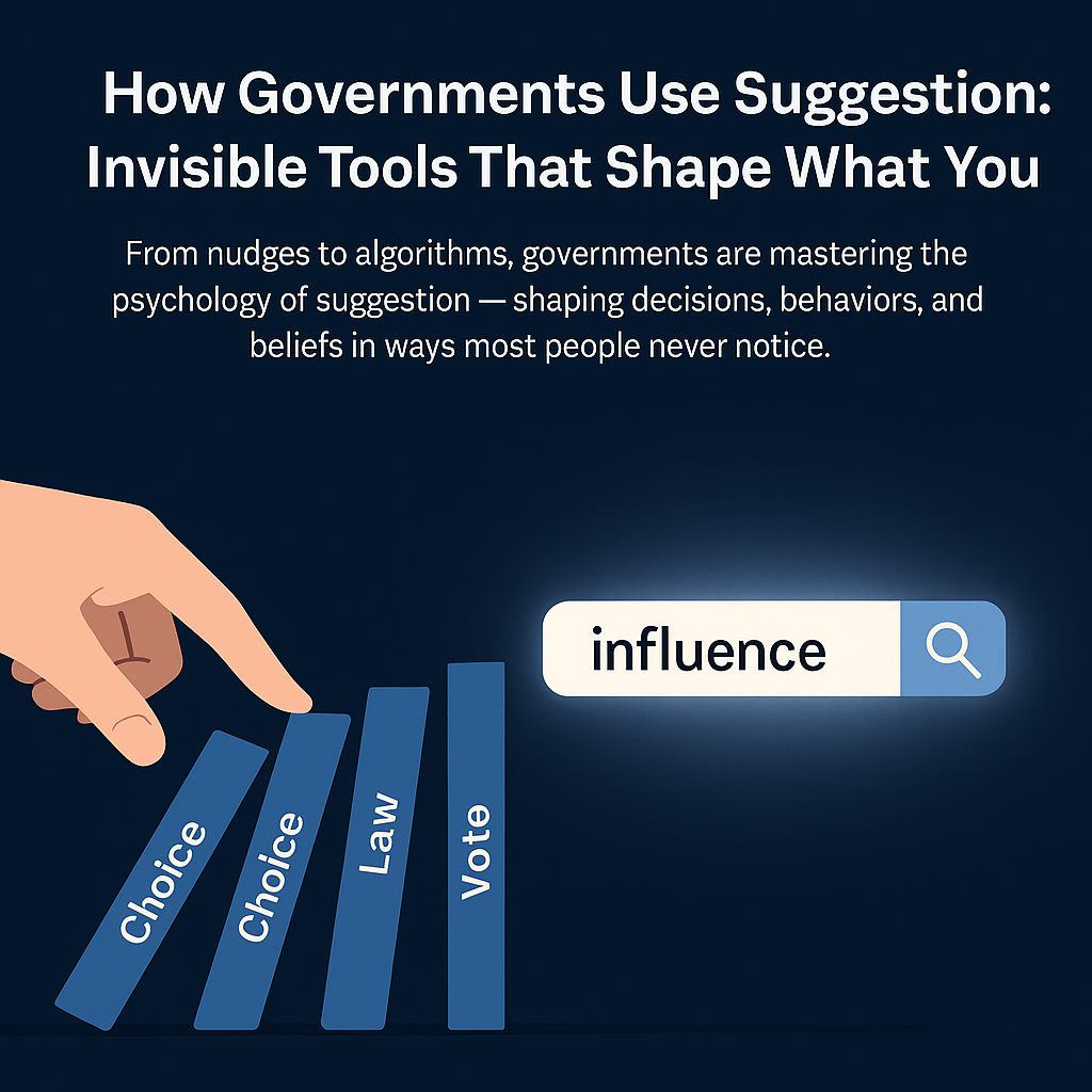 Illustration showing a hand tipping dominoes labeled “Choice,” “Law,” and “Vote” toward a glowing search bar that reads “influence.” Symbolizes how governments use behavioral science and algorithms to subtly shape decisions and beliefs.