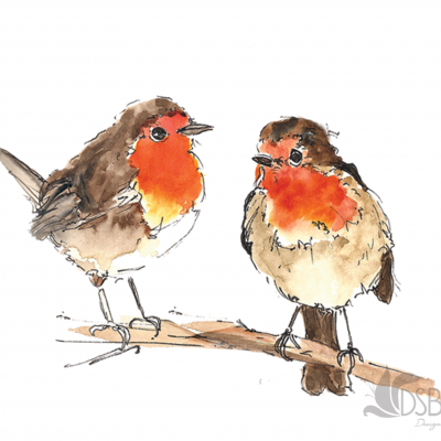 Two robins looking around resting on a branch
