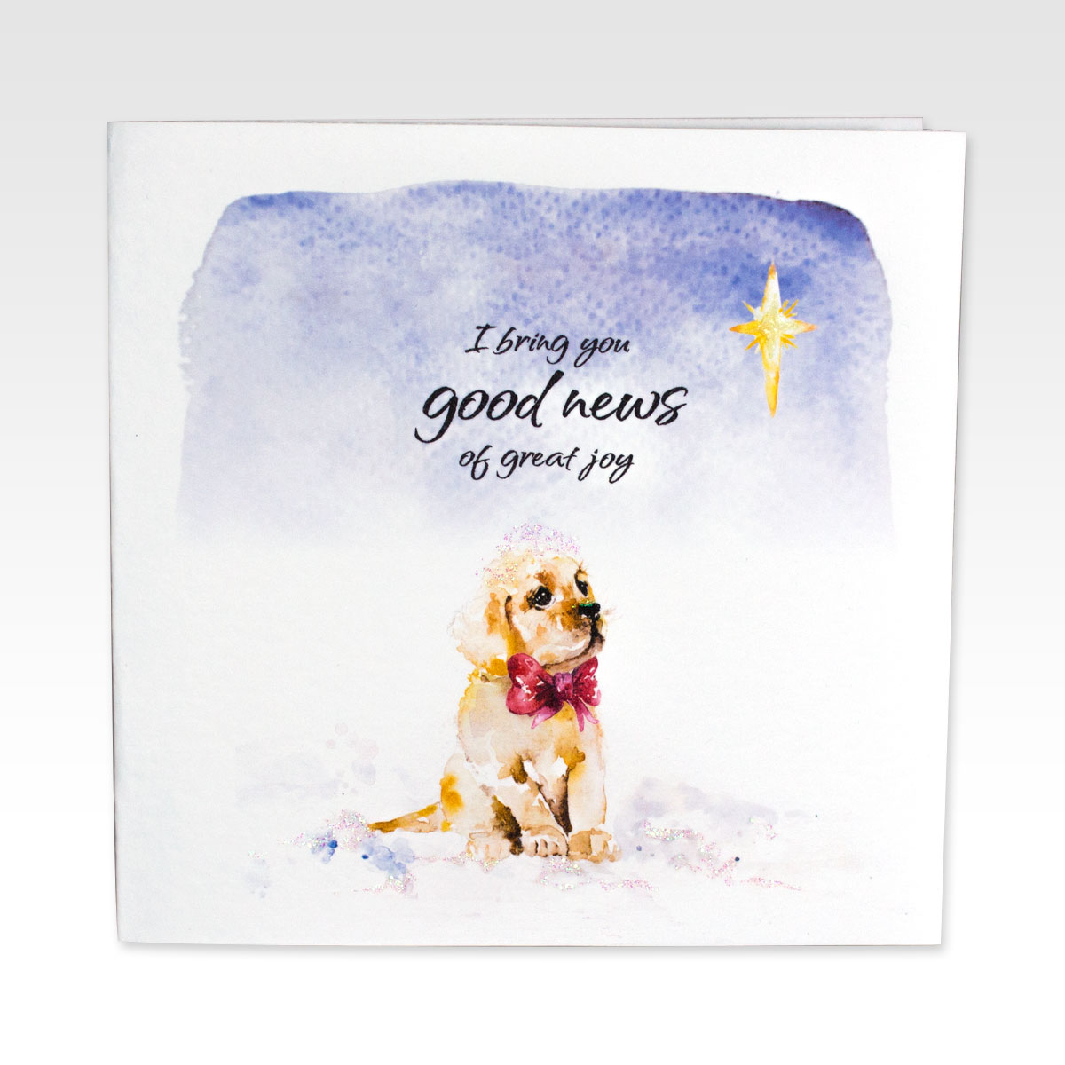Christmas card with image of a puppy looking up at the Christmas Star.