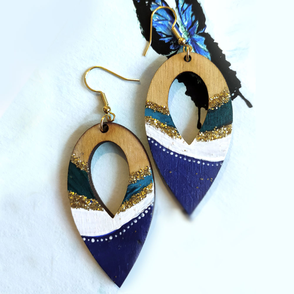 Gold, blue and teal pear shaped drop hand painted earrings.